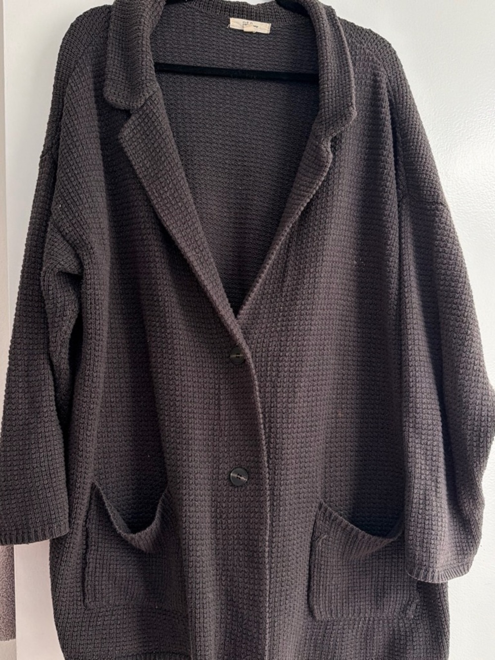 Relaxed Black Waffle-Knit Button-Front Cardigan
